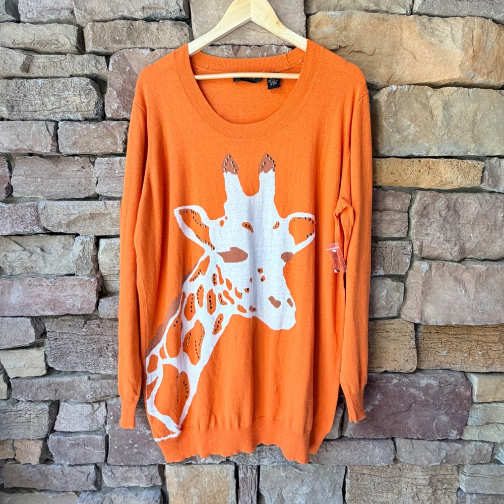 NEW Twiggy London Women 1X Cashmere Blend Sweater Orange Giraffe Studded Novelty